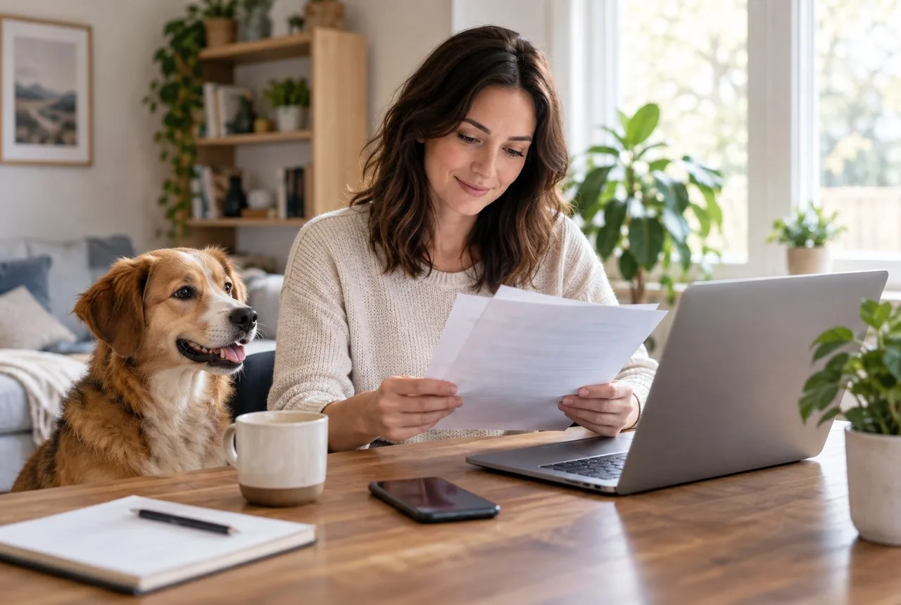 Owner reading insurance papers beside a dog at a laptop table
